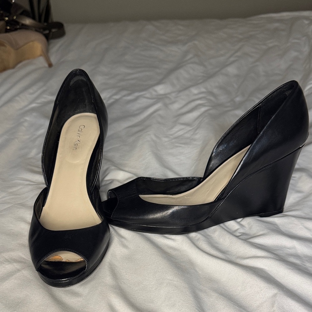 Calvin Klein Black Peep-Toe Wedges